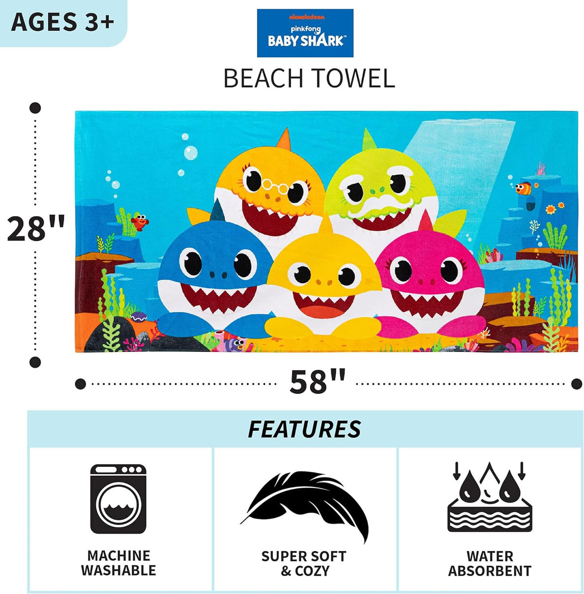 Franco Kids Baby Shark Cotton Bath/Pool/Beach Towel, 58 in x 28 in