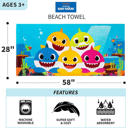 Franco Kids Baby Shark Cotton Bath/Pool/Beach Towel, 58 in x 28 in