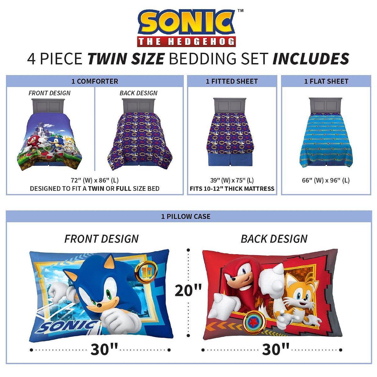 Franco Kids Sonic The Hedgehog, Anime Twin Comforter and Sheets, 4 Piece Set