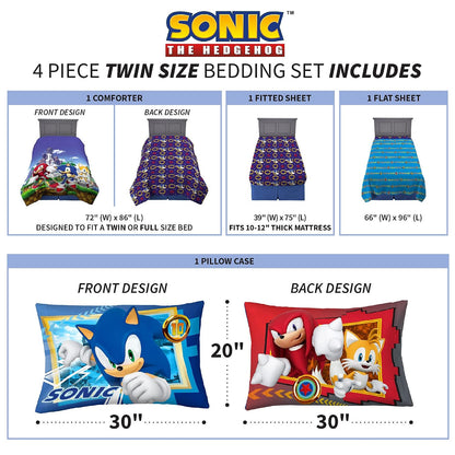 Franco Kids Sonic The Hedgehog, Anime Twin Comforter and Sheets, 4 Piece Set