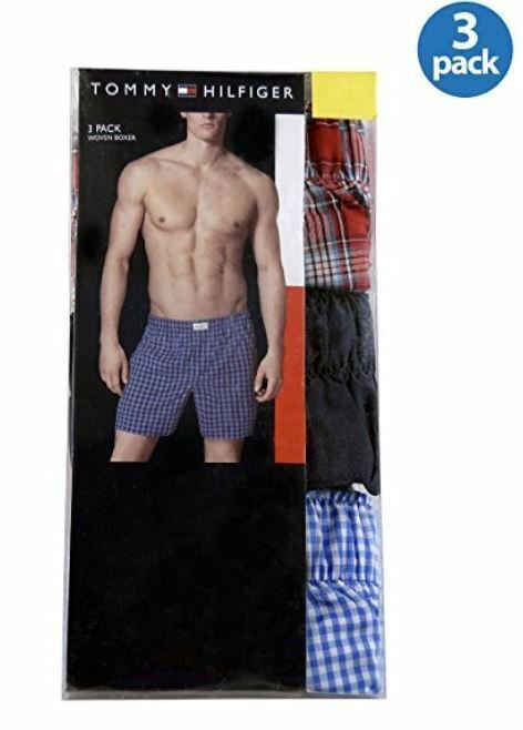 Tommy Hilfiger Mens 3-Pack Woven Boxer (Red Navy Blue) Size Large