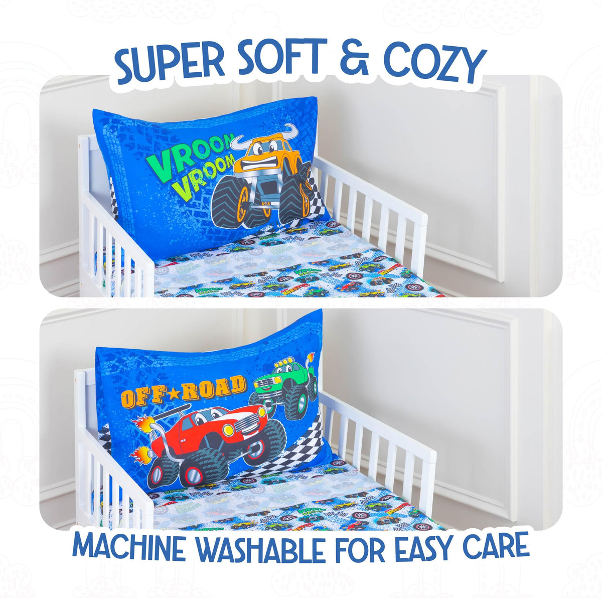 Todays Kids Monster Trucks Toddler Bedding Set for Boys - 4-Piece Toddler Bed Comforter Sets for Boys, Reversible Comforter & Pillowcase, Flat Sheet, Fitted Sheet, Breathable & Super Soft Microfiber