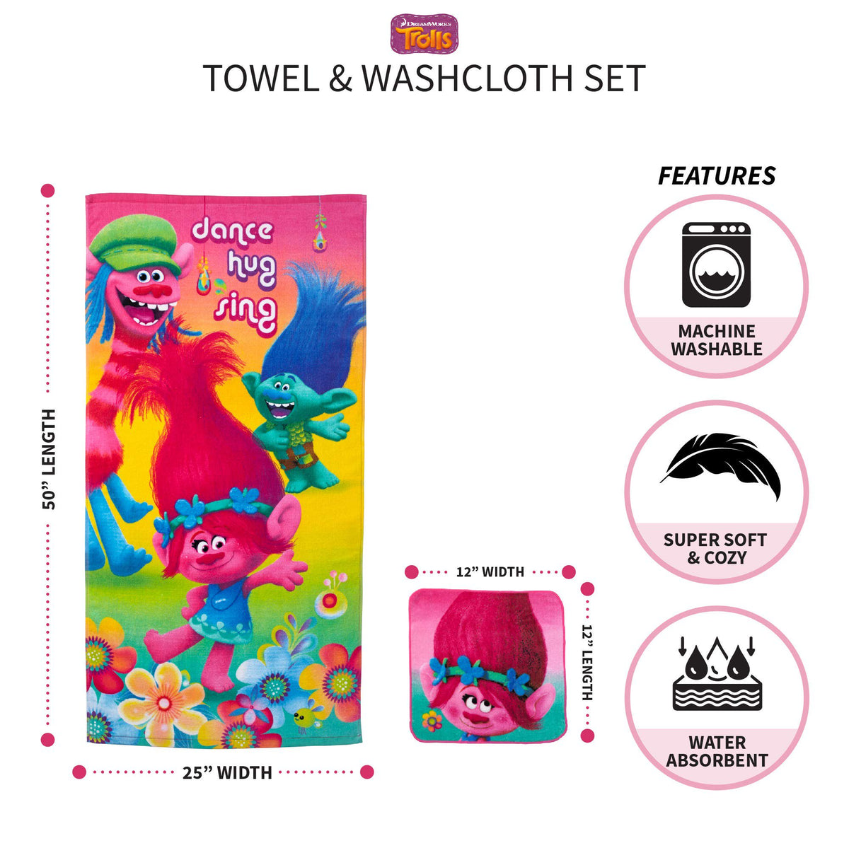 Trolls Kids Bath and Beach Towel with Washcloth Set, 50 in x 25 in