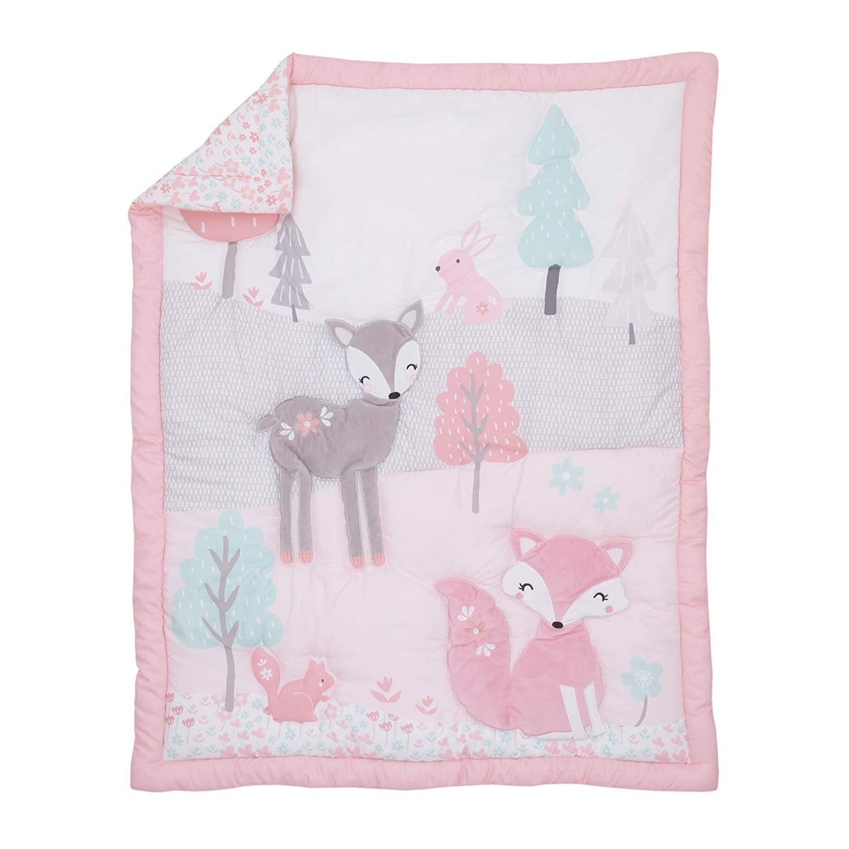 NoJo Sweet Forest Friends 4 Piece Crib Bedding Set -  Pink, Aqua, Grey & White