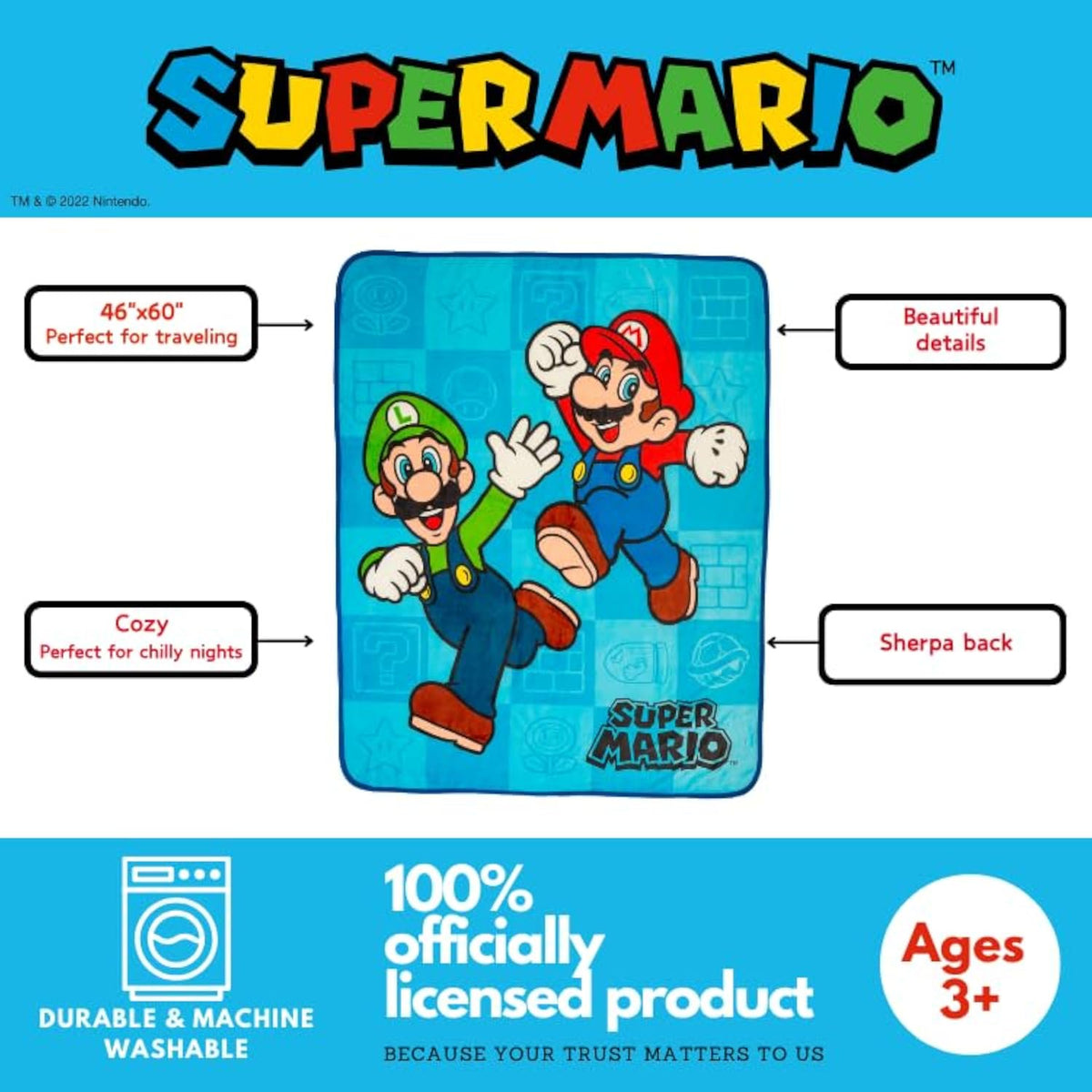 Franco Super Mario Kids Plush Sherpa Blanket Throw, 46 in x 60 in
