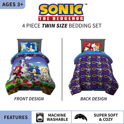Franco Kids Sonic The Hedgehog, Anime Twin Comforter and Sheets, 4 Piece Set