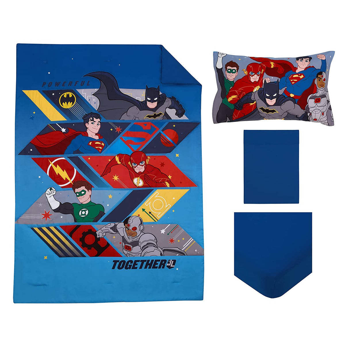 Warner Brothers Justice League 4 Piece Toddler Bedding Set - Batman, Superman, The Flash, Green Lantern and Cyborg