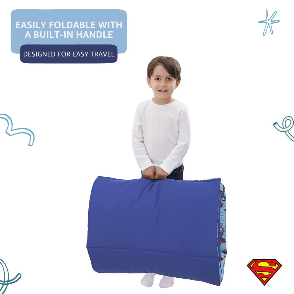 Superman Deluxe Easy Fold Toddler Nap Mat - 26" x 62" Blue and Red Icon, Planets, and Stars