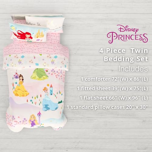 Franco Disney Princess Kids Bedding Twin Comforter and Sheets, 4 Piece Set