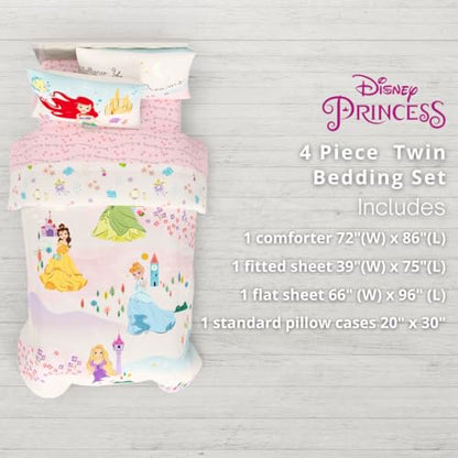 Franco Disney Princess Kids Bedding Twin Comforter and Sheets, 4 Piece Set