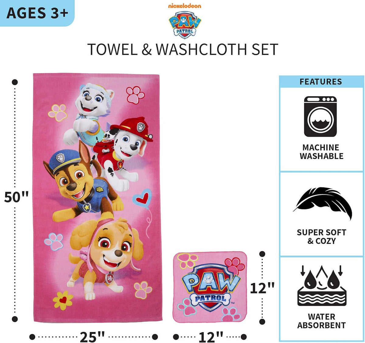 Paw Patrol Skye Girls Cotton 2 Piece Towel and Washcloth Set