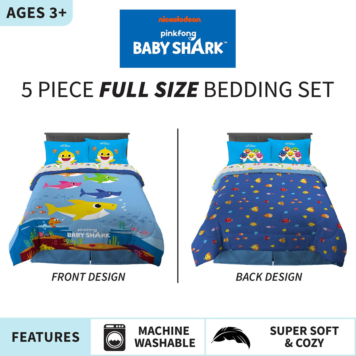 Franco Kids Bedding Baby Shark Full Comforter & Sheets 5 Piece Set