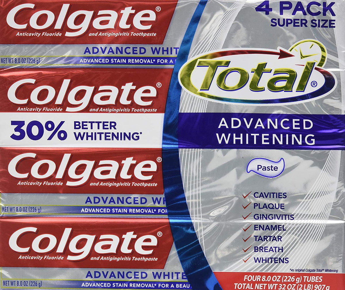 Colgate Total Advaned Whitening Toothpaste - 4 Tubes x 8 ounces per tube = 32 ounces