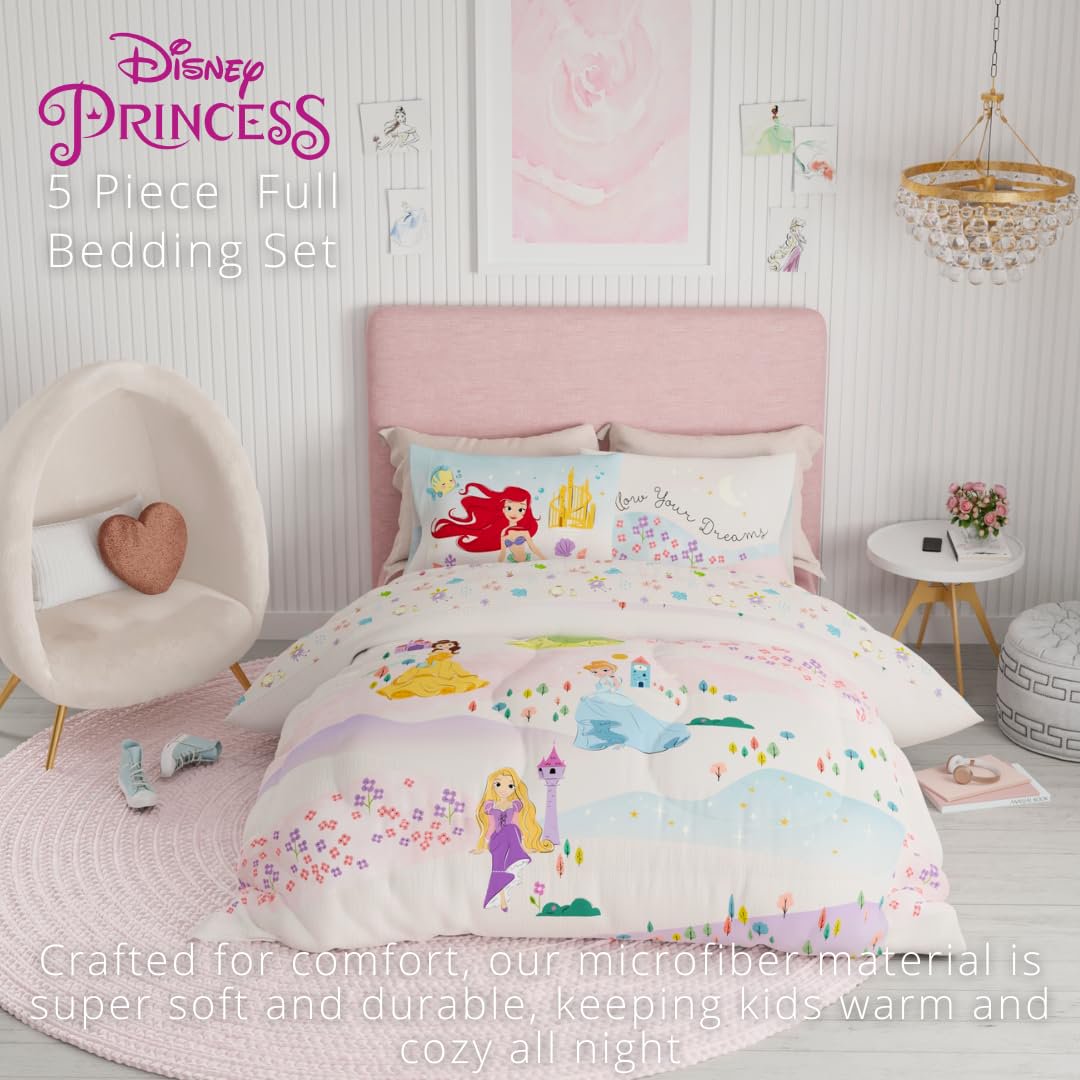 Disney Princess Kids Bedding Full Comforter and Sheets, 5 Piece Set