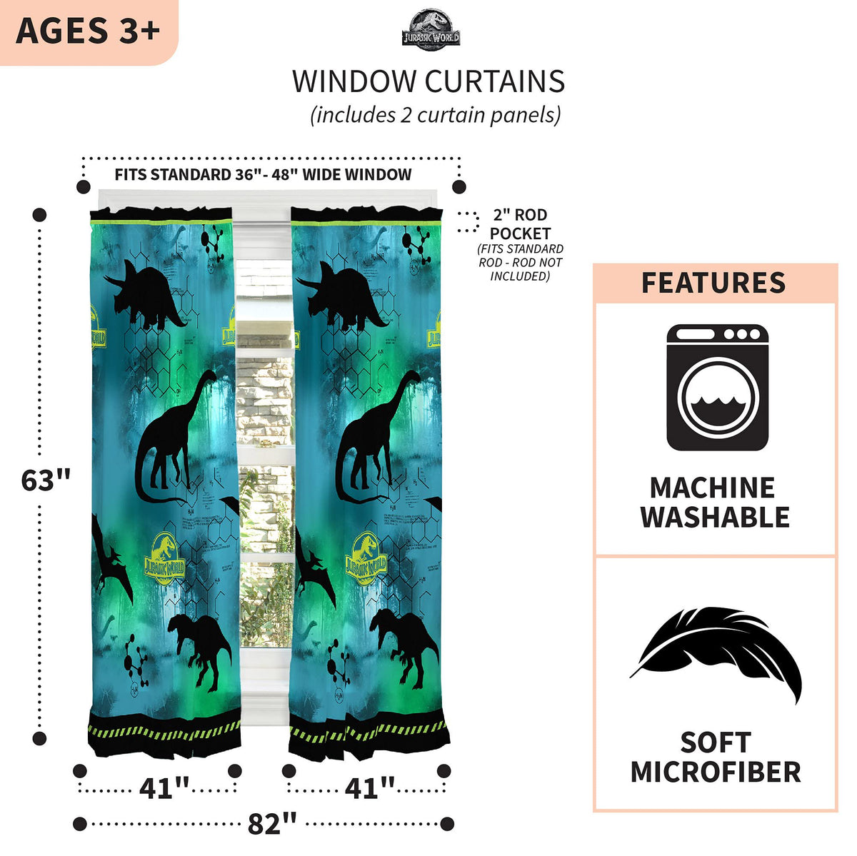 Franco Kids Jurassic World Window Curtain Panels Drapes Set, 82 in x 63 in