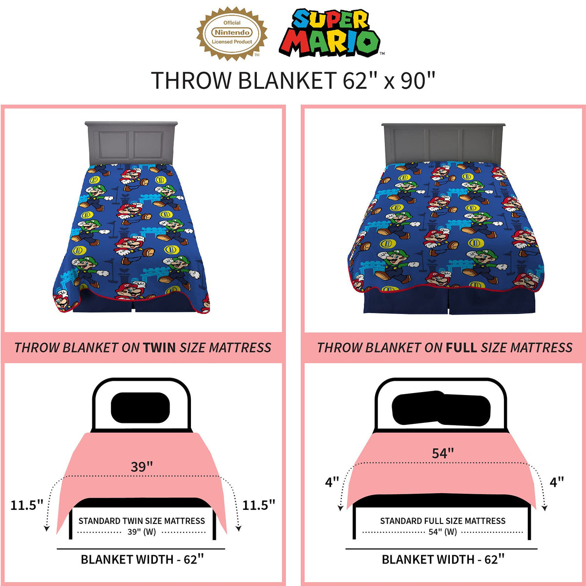 Franco Super Mario Soft Plush Throw Blanket, 62" x 90"