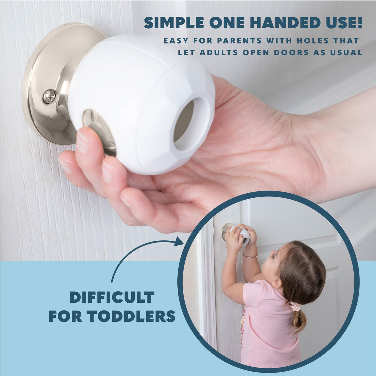 Todays Kids Baby Proofing Door Knob Covers 4 Pack - Easy to Install Child Safety Locks for Doors, Durable & Reusable Child Proof Door Lock, Dual-Lock & Versatile Design, Fits Round Doorknobs, White