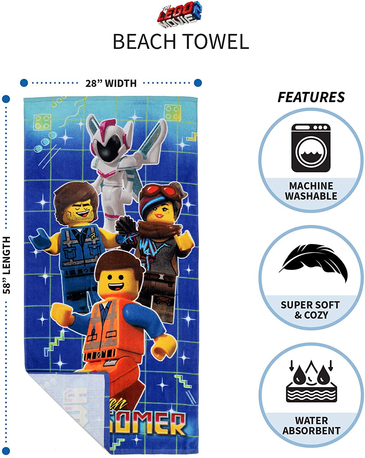 Lego Movie 2 Kids Cotton Beach Towel, 28” x 58”, Even Awesomer