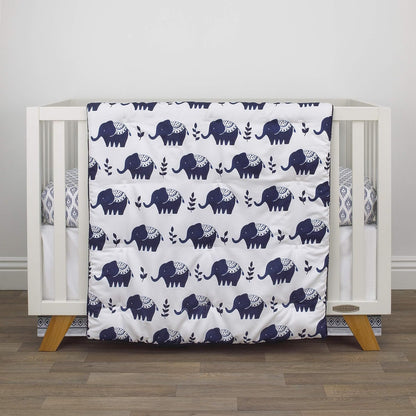 NoJo Indigo Hues Blue and White Elephant 4 Piece Nursery Crib Bedding Set