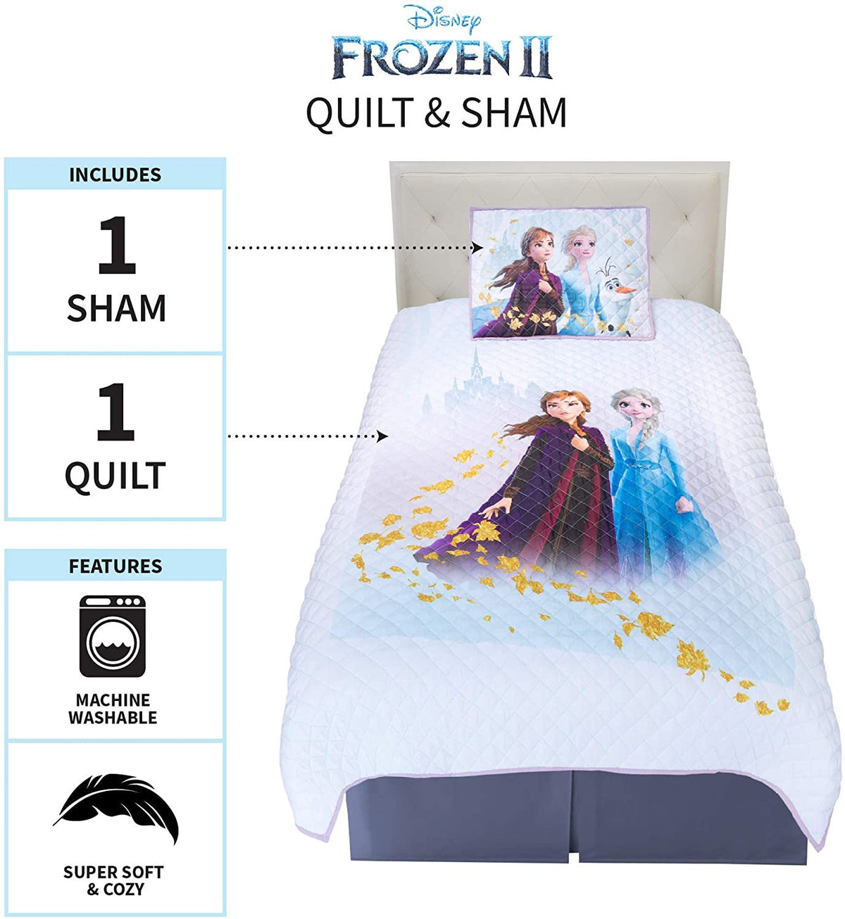 Disney Frozen 2 Soft Microfiber Quilt and Pillow Sham Set, Twin/Full Size 72" x 86"