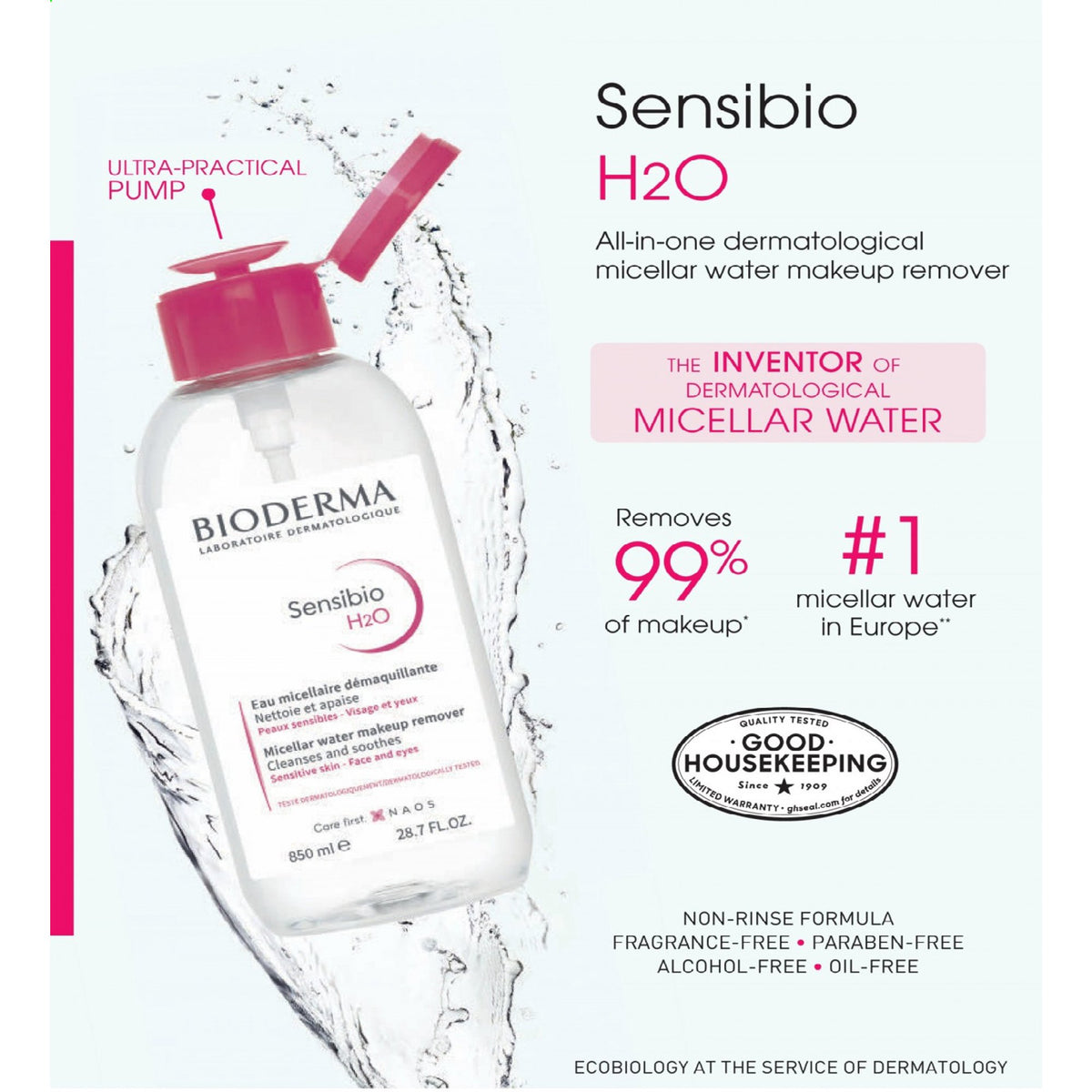 Bioderma - Sensibio - H2O Micellar Water - Makeup Remover Cleanser - Face Cleanser for Sensitive Skin JUMBO SIZE 28.7 fl oz / 850 ml