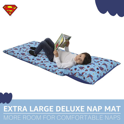 Superman Deluxe Easy Fold Toddler Nap Mat - 26" x 62" Blue and Red Icon, Planets, and Stars