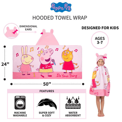 Peppa Pig Kids Bath/Pool/Beach Cotton Terry Hooded Towel Wrap, 24 in x 50 in