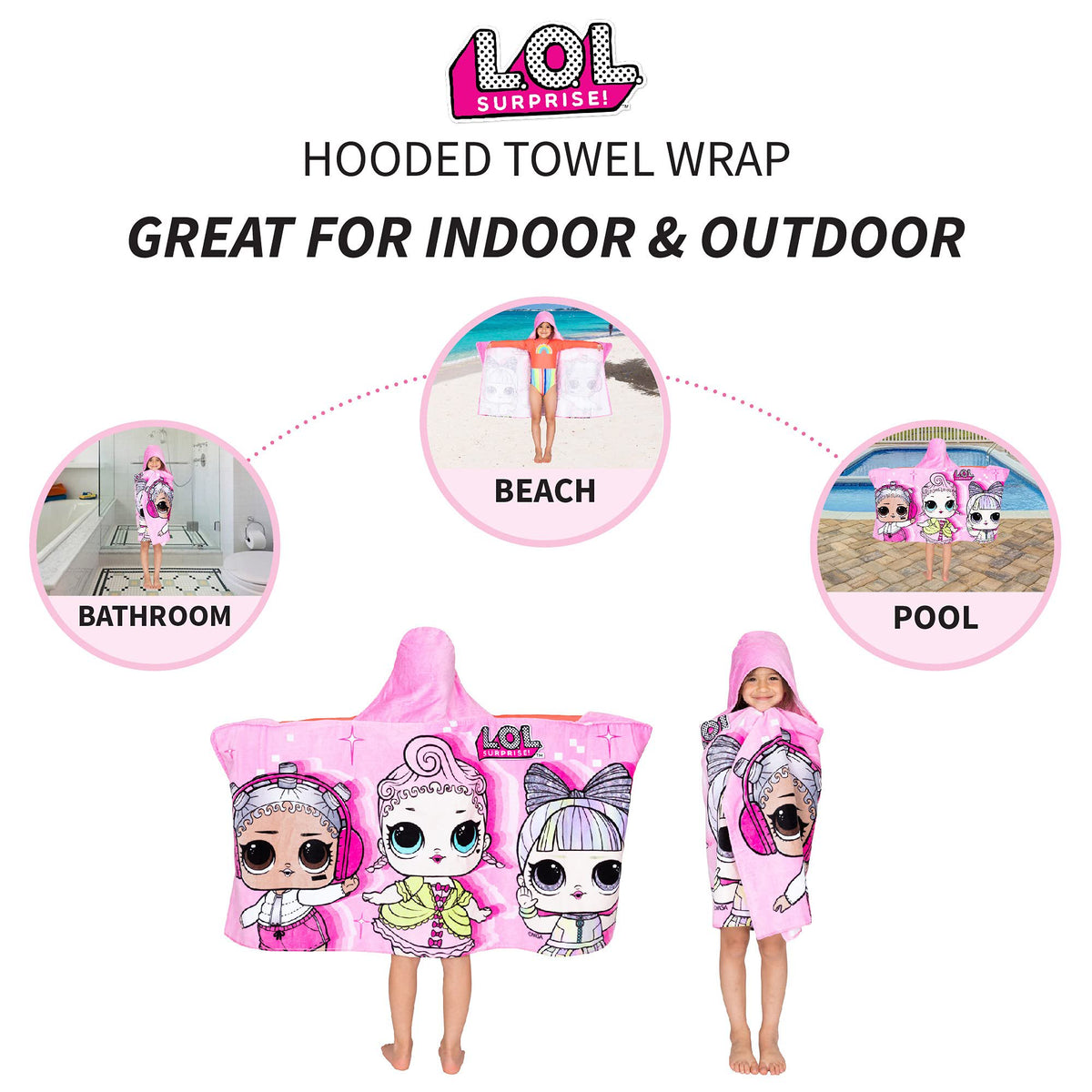 LOL Surprise Kids Bath & Beach Soft Cotton Terry Hooded Towel Wrap, 24 in x 50 in