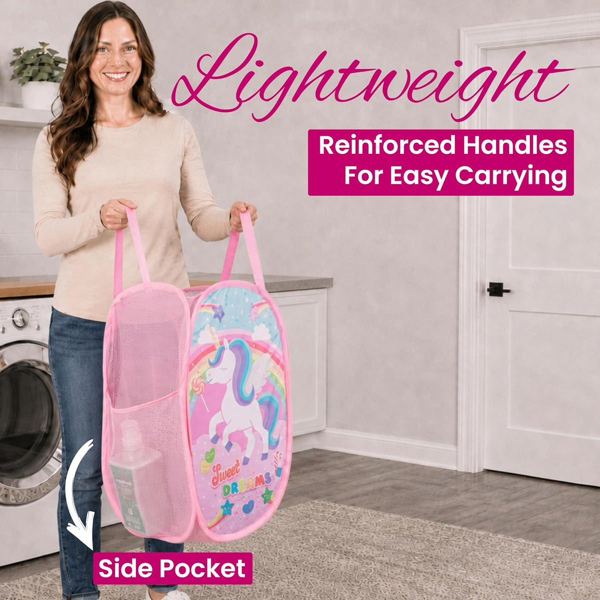 Todays Kids Collapsible Mesh Pop-Up Laundry Hamper - Foldable Laundry Basket with Breathable Mesh, Reinforced Handles and Side Pocket