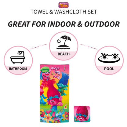 Trolls Kids Bath and Beach Towel with Washcloth Set, 50 in x 25 in