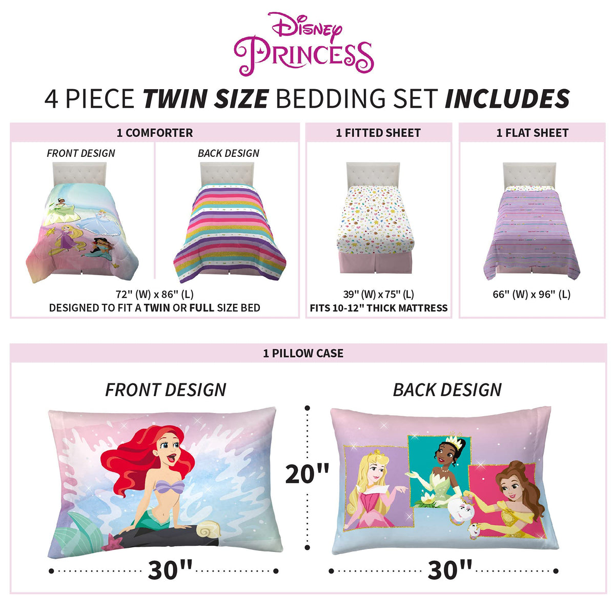 Disney Princess Ariel Twin Comforter & Sheets, 4 Piece Set
