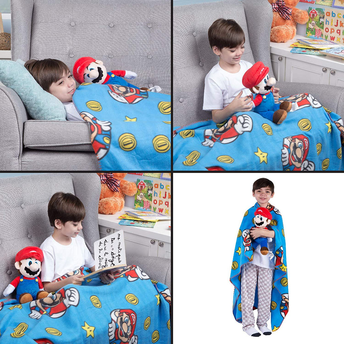 Franco Kids Soft Plush Throw and Hugger Pillow Set, 40" x 50", Super Mario