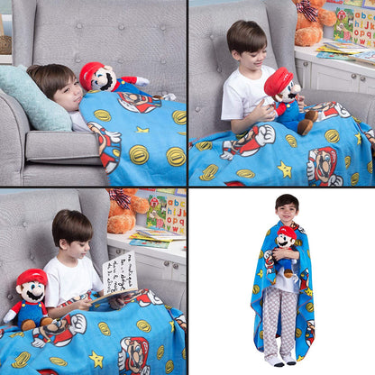 Franco Kids Soft Plush Throw and Hugger Pillow Set, 40" x 50", Super Mario
