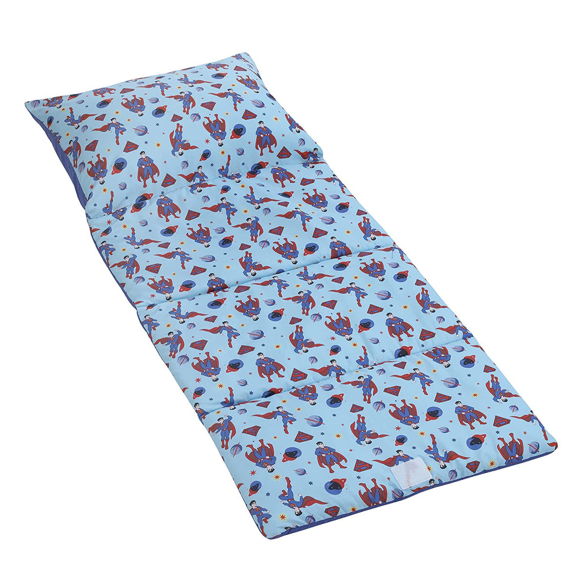 Superman Deluxe Easy Fold Toddler Nap Mat - 26" x 62" Blue and Red Icon, Planets, and Stars
