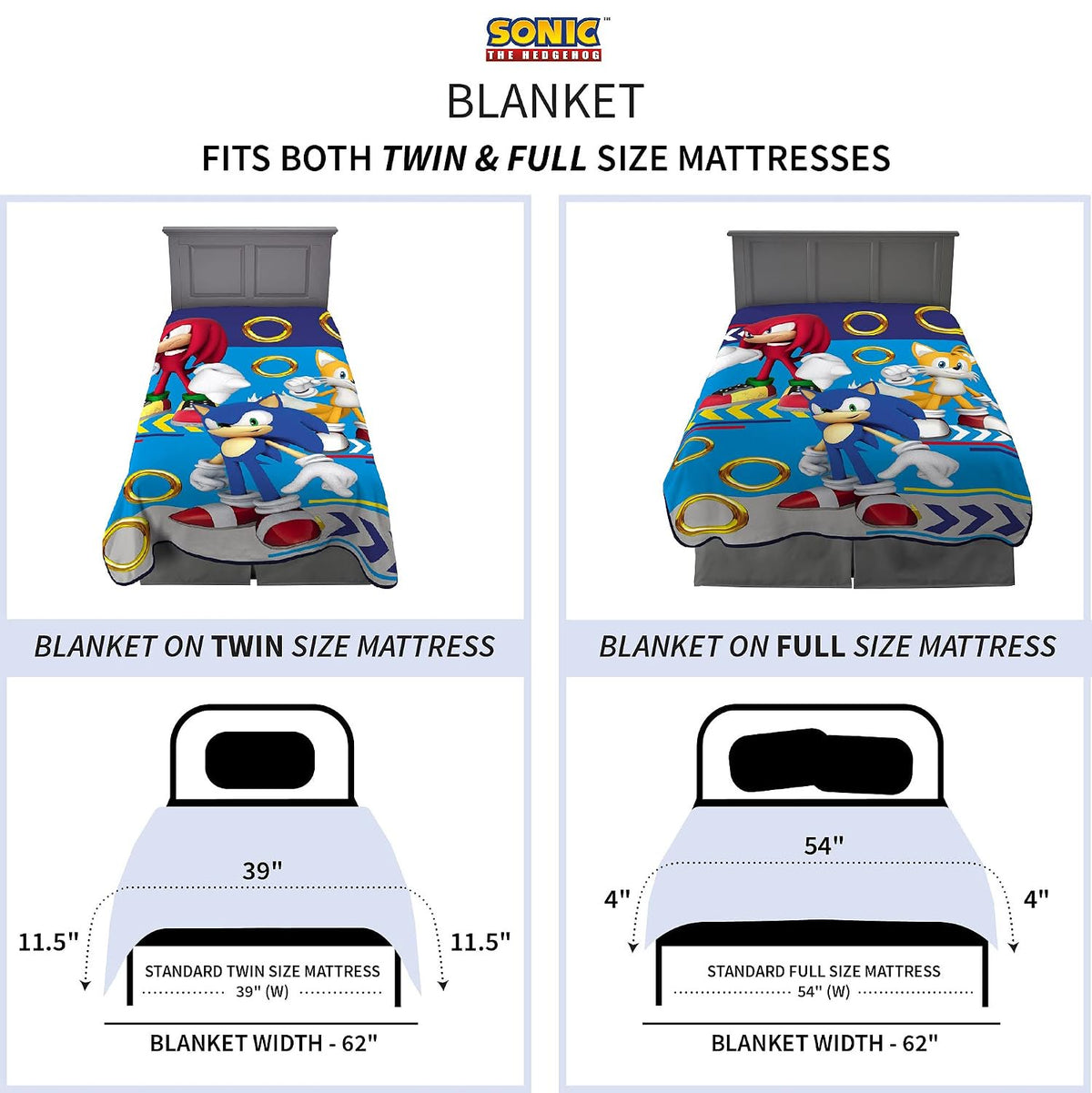 Franco Kids Sonic The Hedgehog Plush Micro Raschel Blanket, 62 in x 90 in