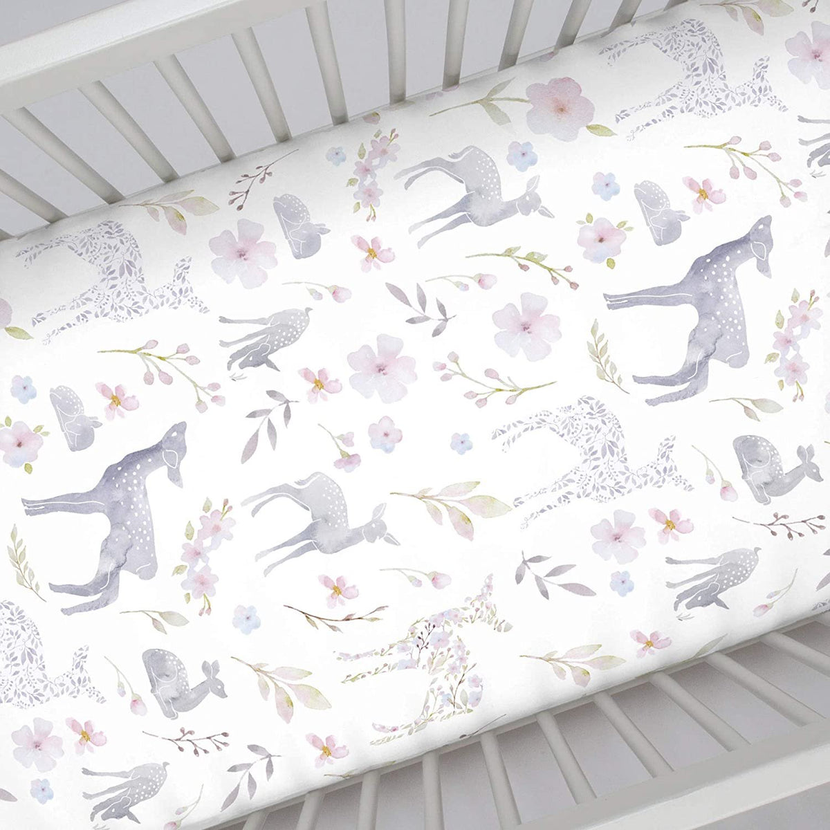 NoJo Super Soft Floral Deer Nursery Mini Crib Fitted Sheet, Grey, Light Blue, Pink, White 24x38 Inch (Pack of 1)