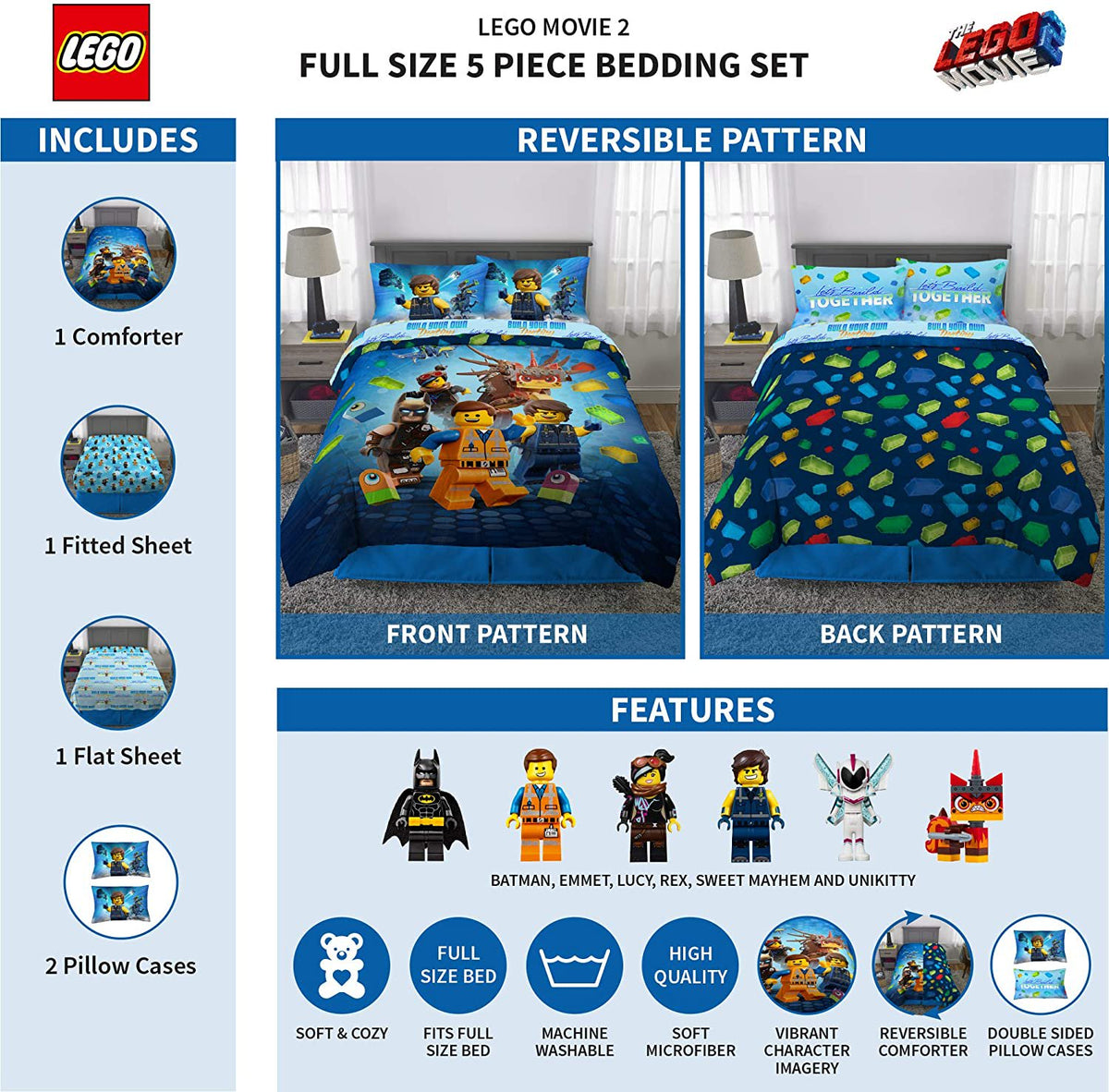 LEGO Movie 2 Kids Bedding Soft Microfiber Comforter and Sheet Set, Full Size 5 Piece Set