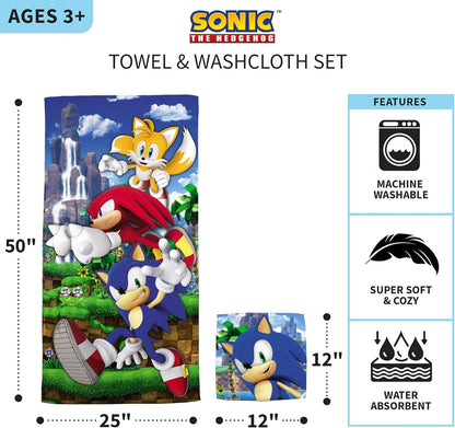 Franco Sonic The Hedgehog Kids Cotton Bath & Beach Towel with Wash Cloth, 2 Piece Set, 50 in x 25 in