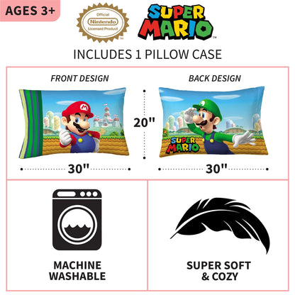 Franco Kids Super Mario Reversible Pillowcase, 20 in x 30 in