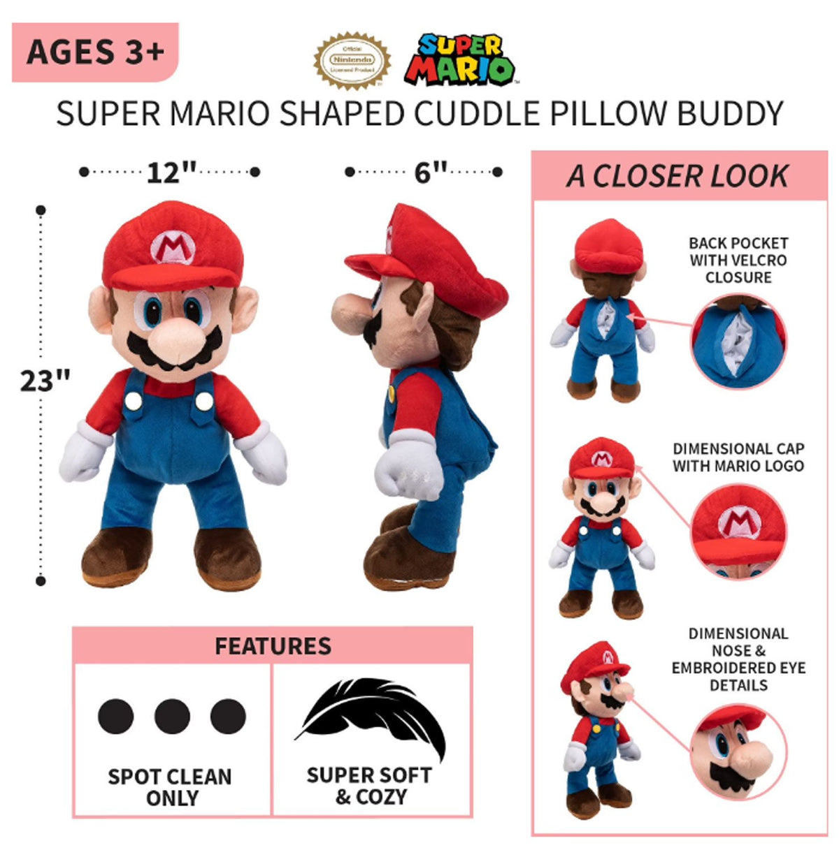 Super Mario Bros. The Real Thing 22-Inch Plush Pillow, Mario Plushie Toy | Decorative Pillows for Bed, Kids Room Essentials, Home Decor Accessories | Video Game Gifts And Collectibles