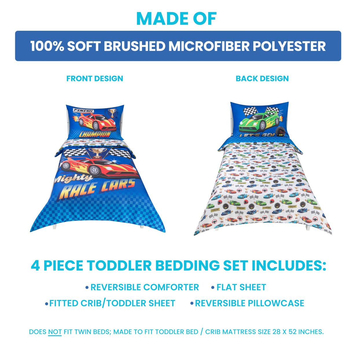 Todays Kids Monster Trucks Toddler Bedding Set for Boys - 4-Piece Toddler Bed Comforter Sets for Boys, Reversible Comforter & Pillowcase, Flat Sheet, Fitted Sheet, Breathable & Super Soft Microfiber