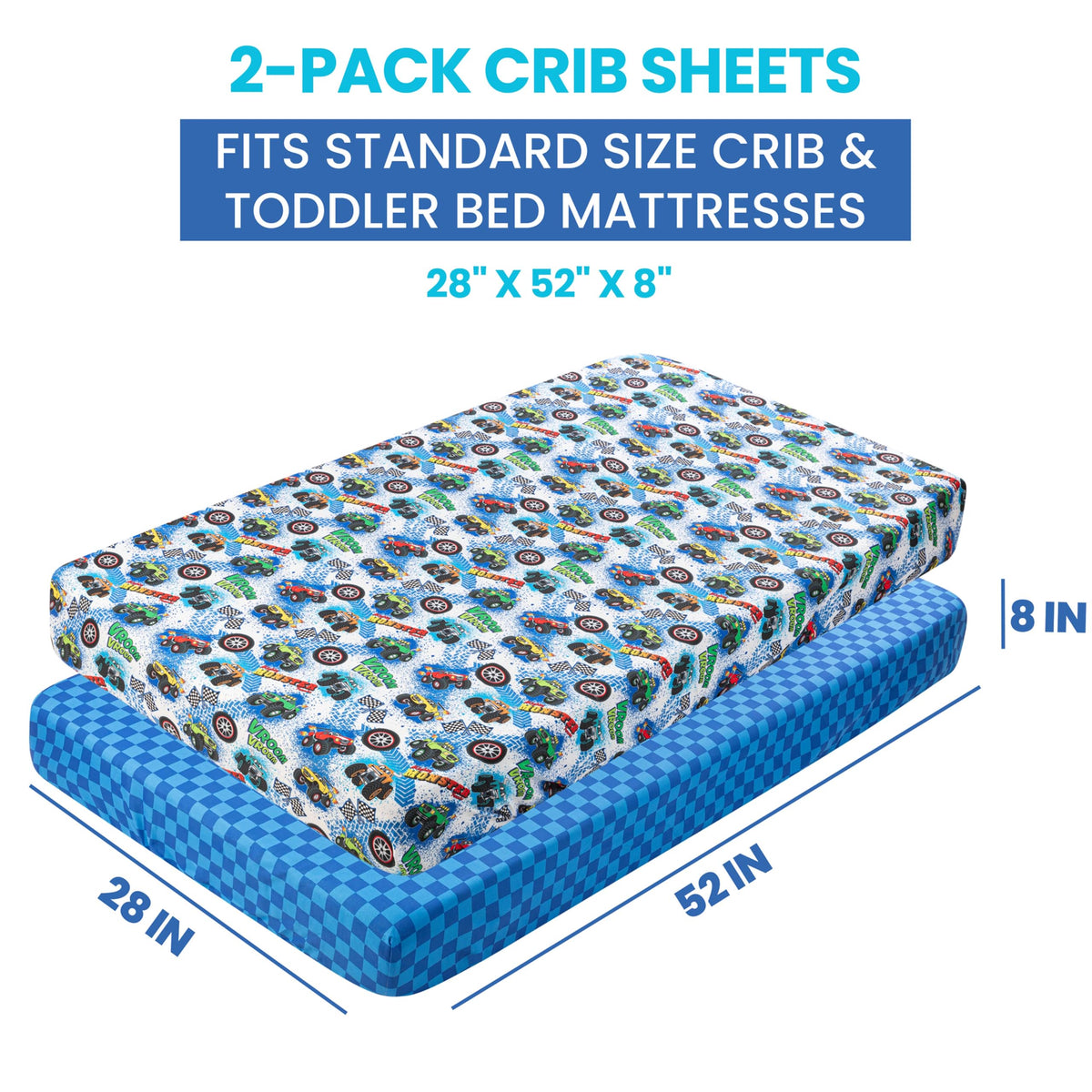 Today's Kids 1-Pack Monster Truck Fitted Baby Crib Sheet Boy - Soft & Breathable Printed Nursery Toddler Bed Sheets for Boys, Elastic Edge with Deep Pockets, Machine Washable, Fits 28" x 52" Mattress