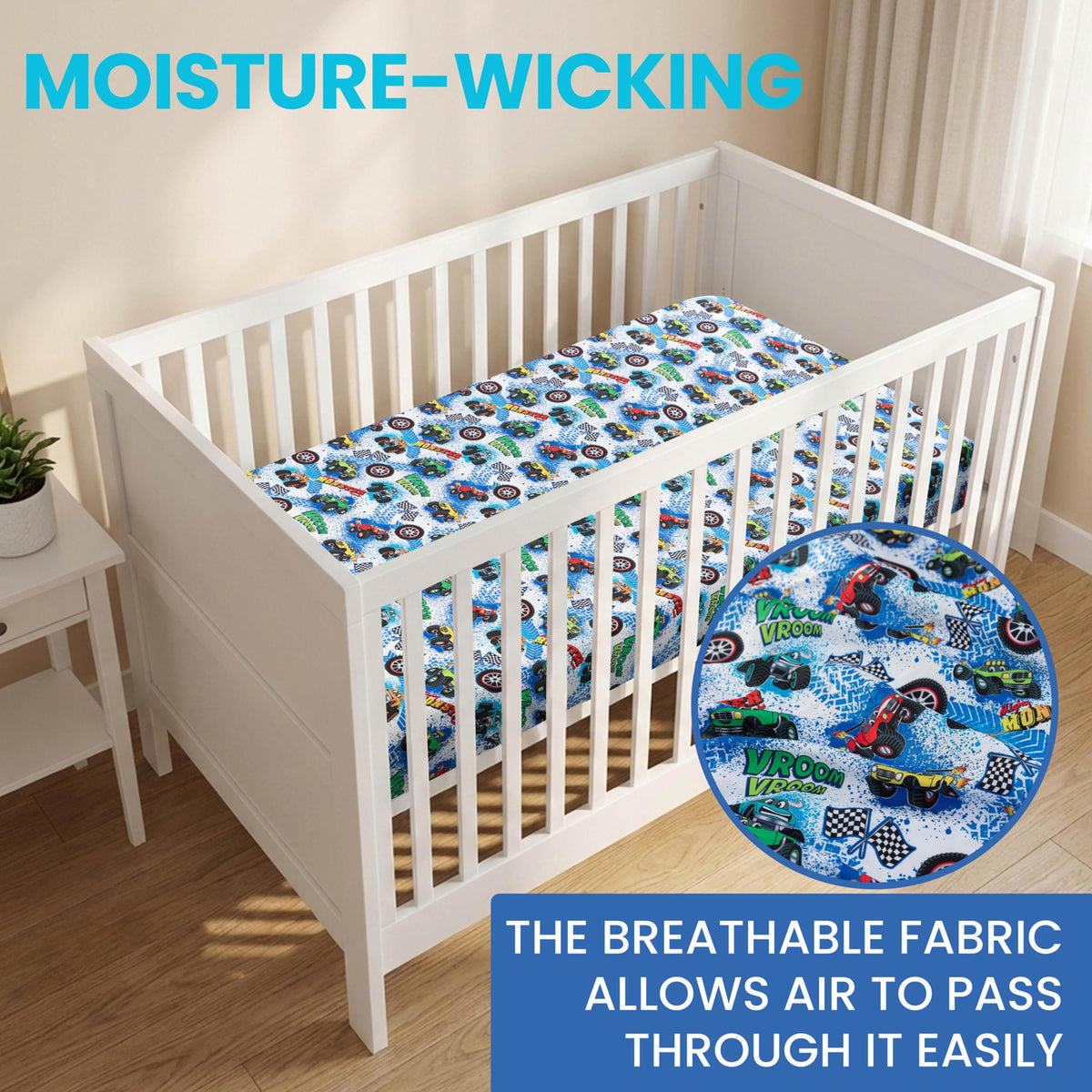 Today's Kids 1-Pack Monster Truck Fitted Baby Crib Sheet Boy - Soft & Breathable Printed Nursery Toddler Bed Sheets for Boys, Elastic Edge with Deep Pockets, Machine Washable, Fits 28" x 52" Mattress