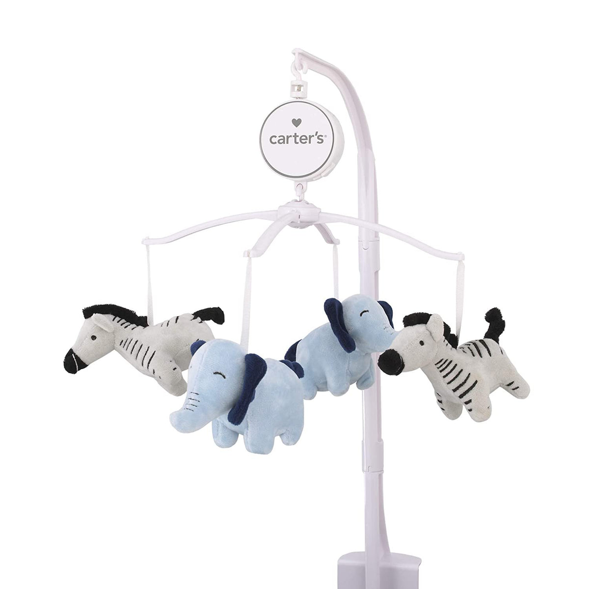Carter's Safari Party - Musical Mobile with 2 Plush Blue Elephants & 2 Plush Grey & Black Striped Zebras