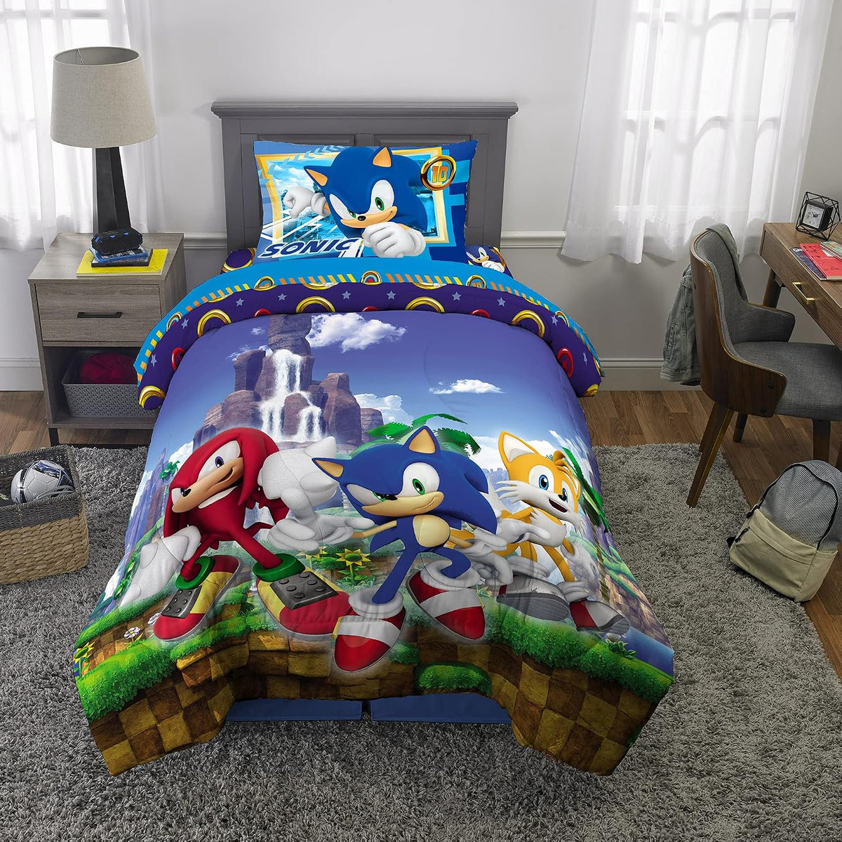 Franco Kids Sonic The Hedgehog, Anime Twin Comforter and Sheets, 4 Piece Set