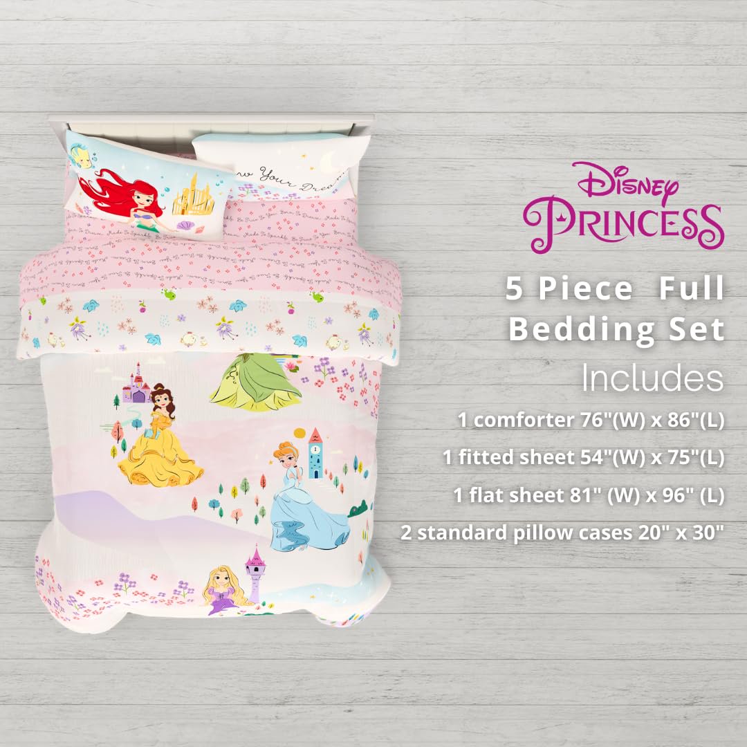 Disney Princess Kids Bedding Full Comforter and Sheets, 5 Piece Set