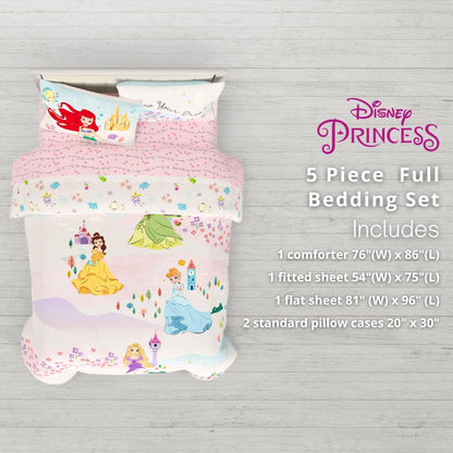 Disney Princess Kids Bedding Full Comforter and Sheets, 5 Piece Set