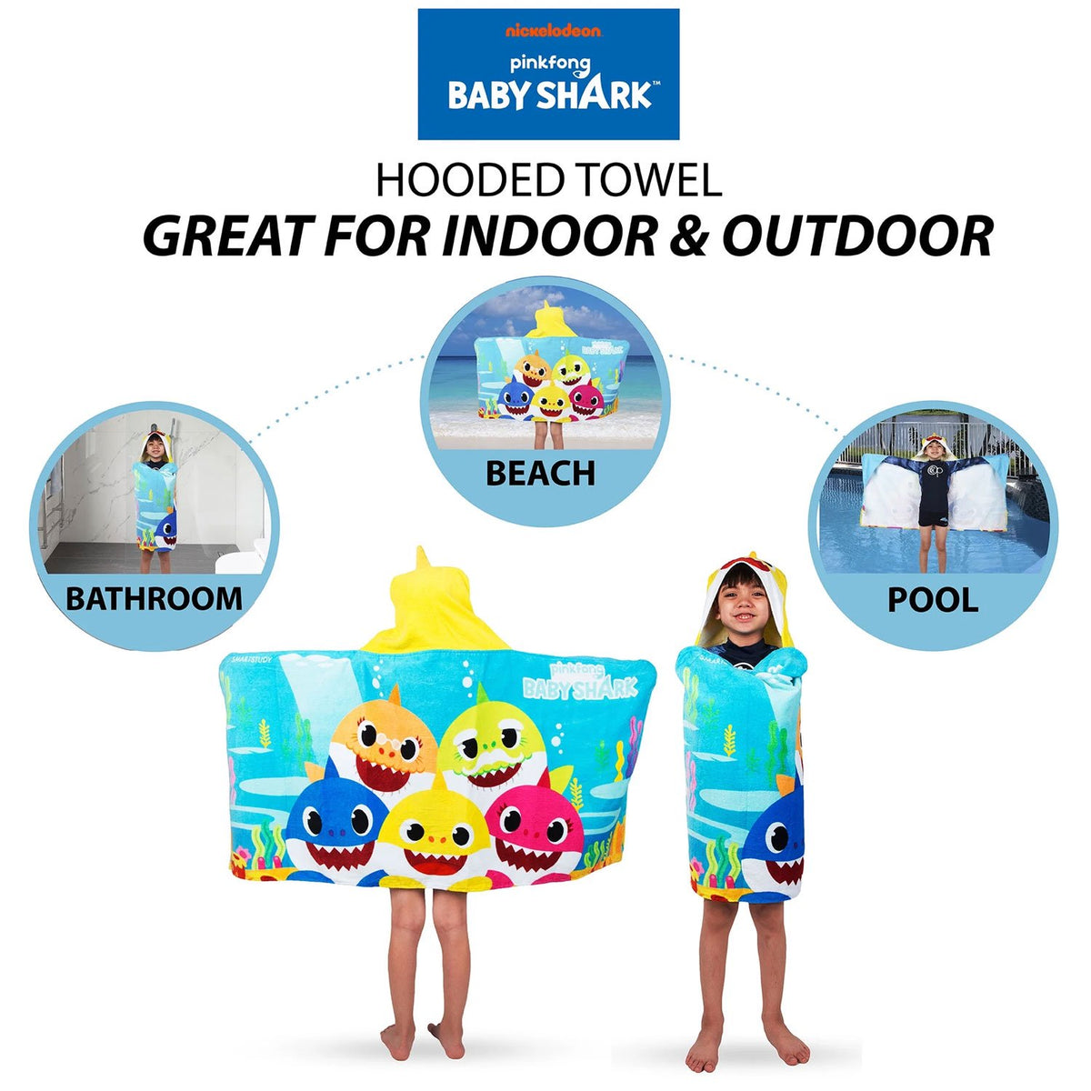 Baby Shark Kids Hooded Towel and Character Loofah Set, Cotton, Blue, Pinkfong