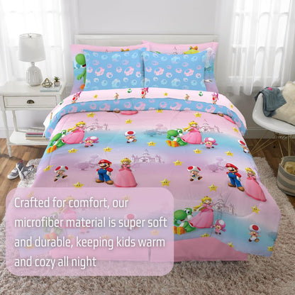 Super Mario Girl Princess Peach Girl Gamer Full Size Comforter & Sheets with Sham, 7 Piece Set