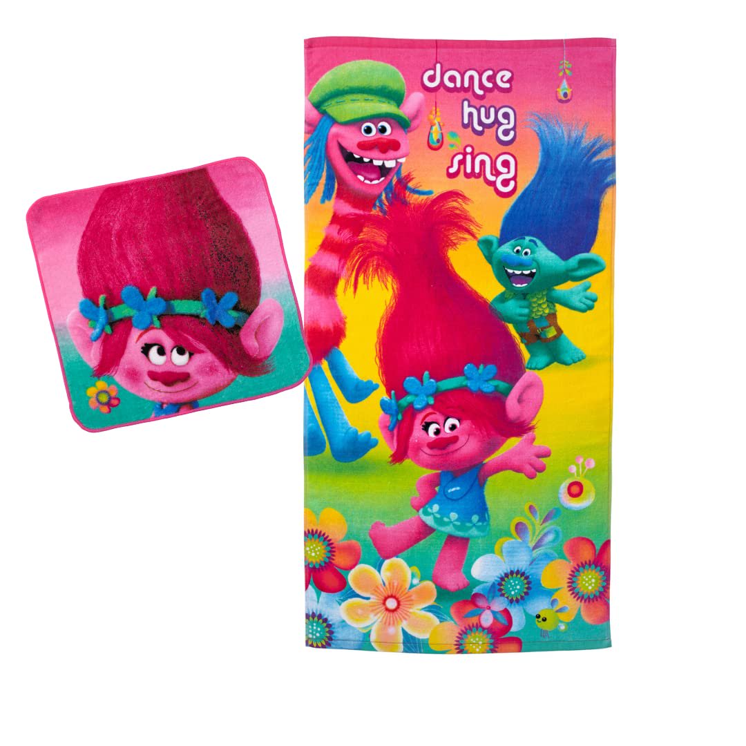Trolls Kids Bath and Beach Towel with Washcloth Set, 50 in x 25 in